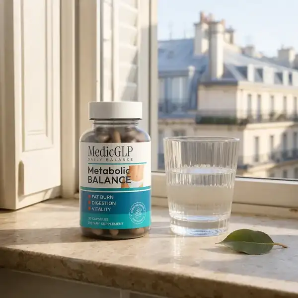 Flacon MedicGLP et verre d’eau sur un rebord de fenêtre parisien