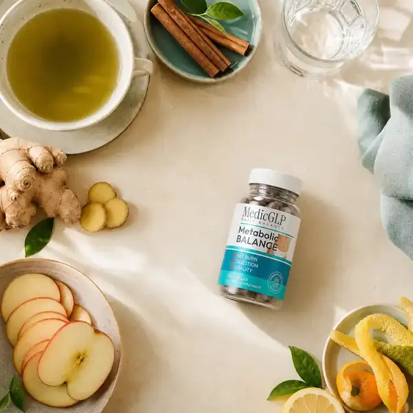 MedicGLP présenté avec du thé vert, du gingembre, de la cannelle, de la pomme et des agrumes