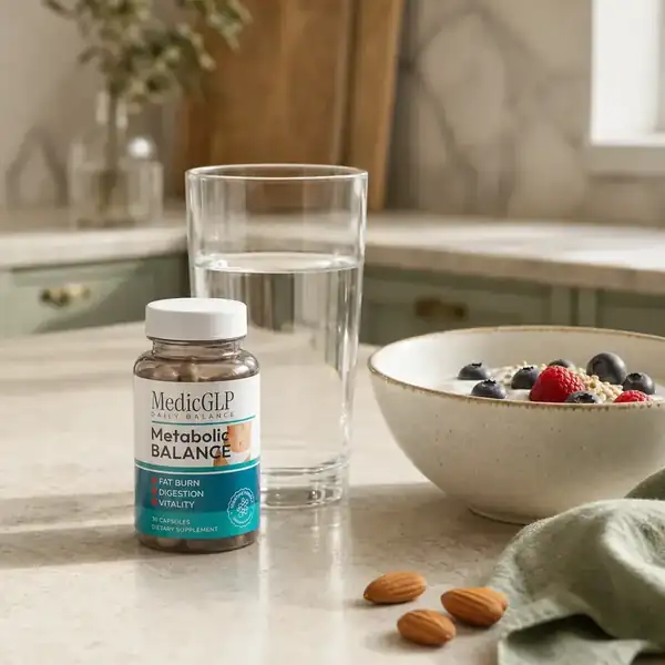 MedicGLP avec verre d’eau et petit-déjeuner équilibré