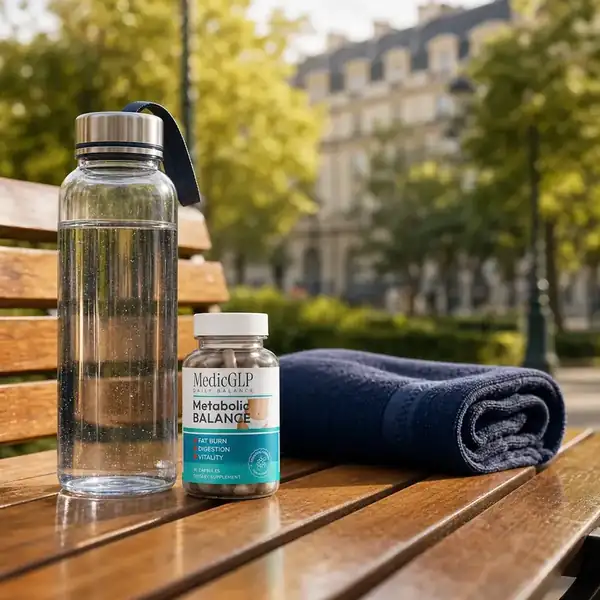 MedicGLP avec bouteille d’eau et serviette sur un banc
